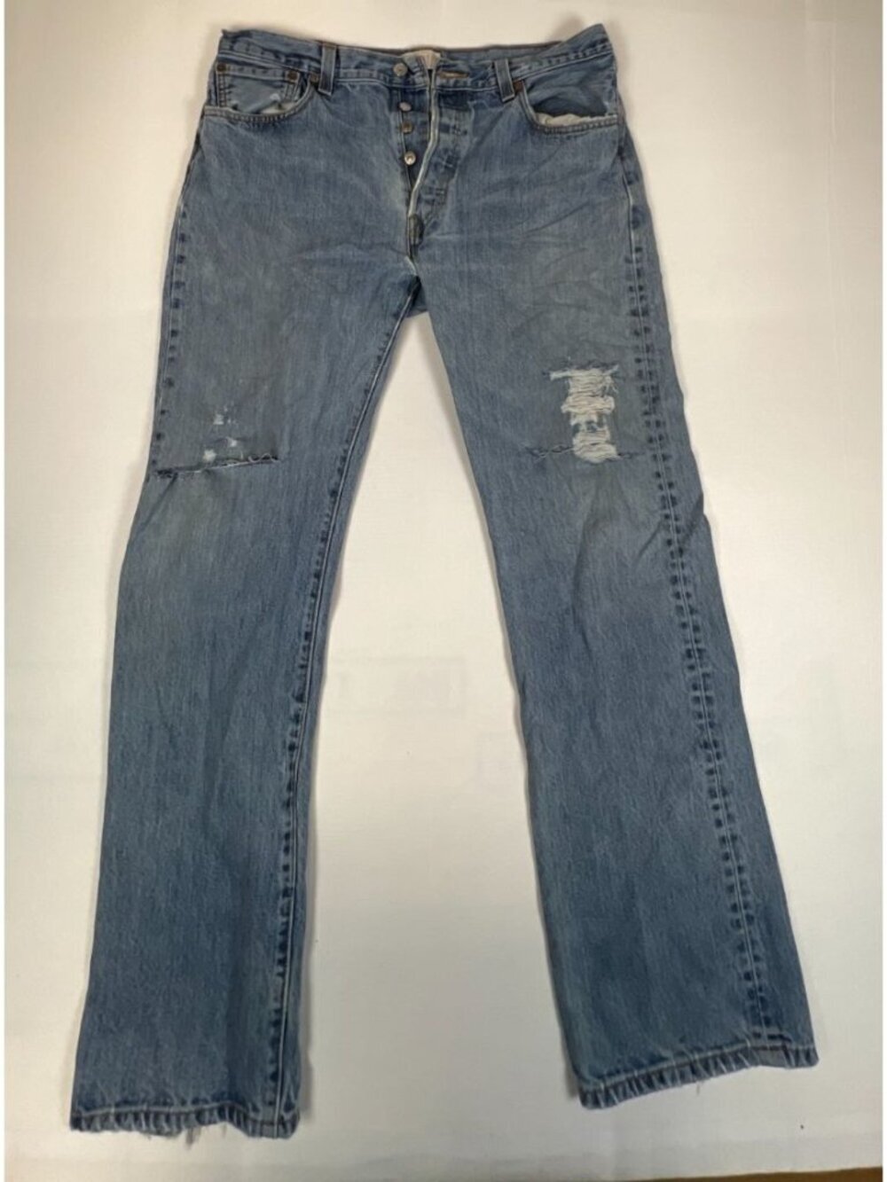 Levi's 501 34 Men Distressed Straight Leg Button Fly Blue Jeans Medium Wash